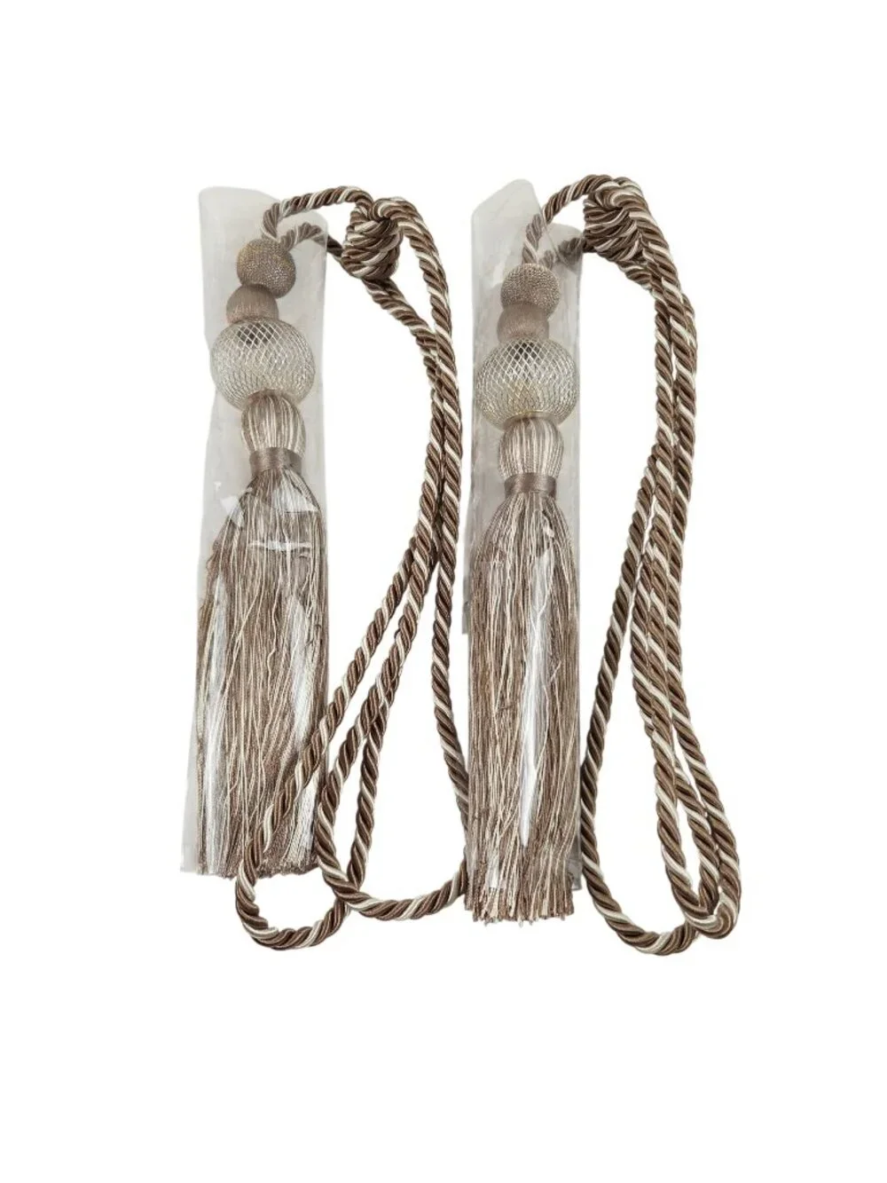 Curtain Tiebacks Set of 2 Single Tassel Mesh Metal Ball Drapery Holdback NIP